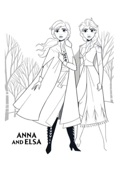 Anna ed Elsa nuovi vestiti di Frozen 2 Il segreto di Arendelle da stampare e colorare pdf A4