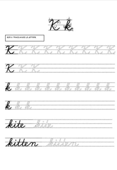 Lettera K corsivo maiuscolo e minuscolo pdf A4 scheda didattica da scaricare per bambini bianco e nero