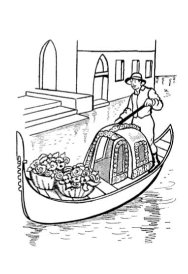 Gondola di Venezia con gondoliere da stampare e colorare PDF A4 bianco e nero