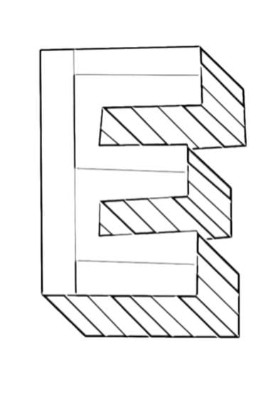 Lettera E 3D in bianco e nero da colorare pdf A4