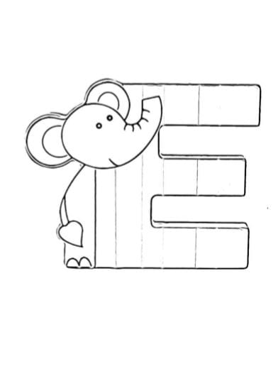 Lettera e di elefante per la scuola da stampare e colorare pdf A4