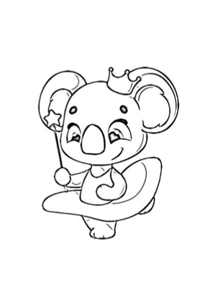 Principessa Koala da stampare e colorare PDF A4 bianco e nero