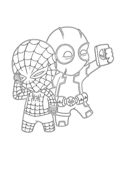 Mini Spiderman e mini Deadpool selfie da stampare e colorare PDF A4