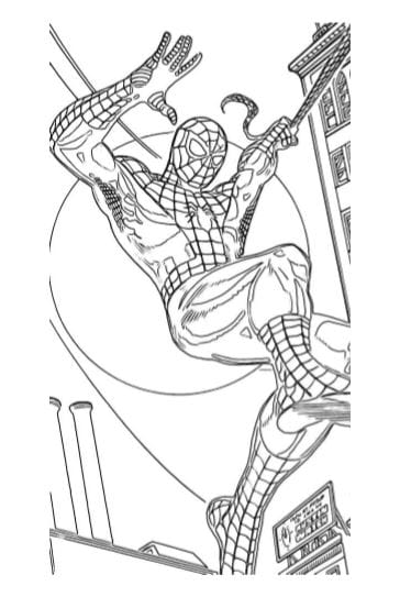 Spiderman in volo con ragnatela tra i palazzi da stampare e colorare PDF A4