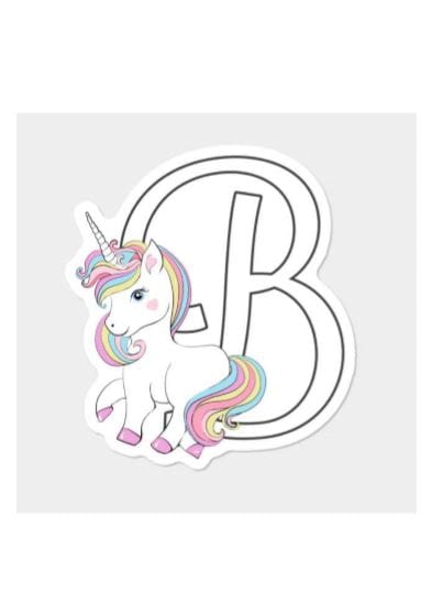 lettera B unicorno da colorare pdf A4 bianco e nero.
