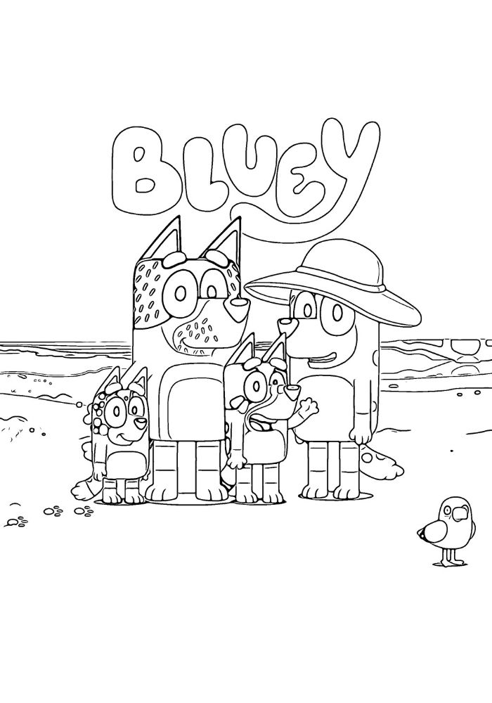 disegno famiglia bluey in spiaggia da colorare