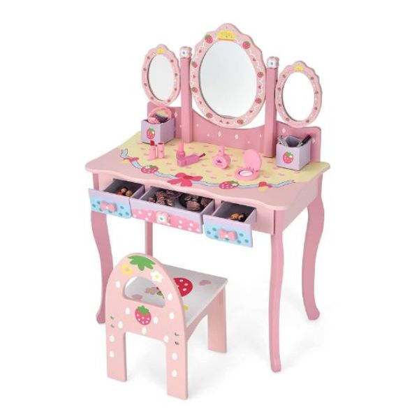 Set tavolo trucco e sgabello per bambine con specchio a forma di cuore  cassetto, Toeletta trucco bambina Bianco - Costway