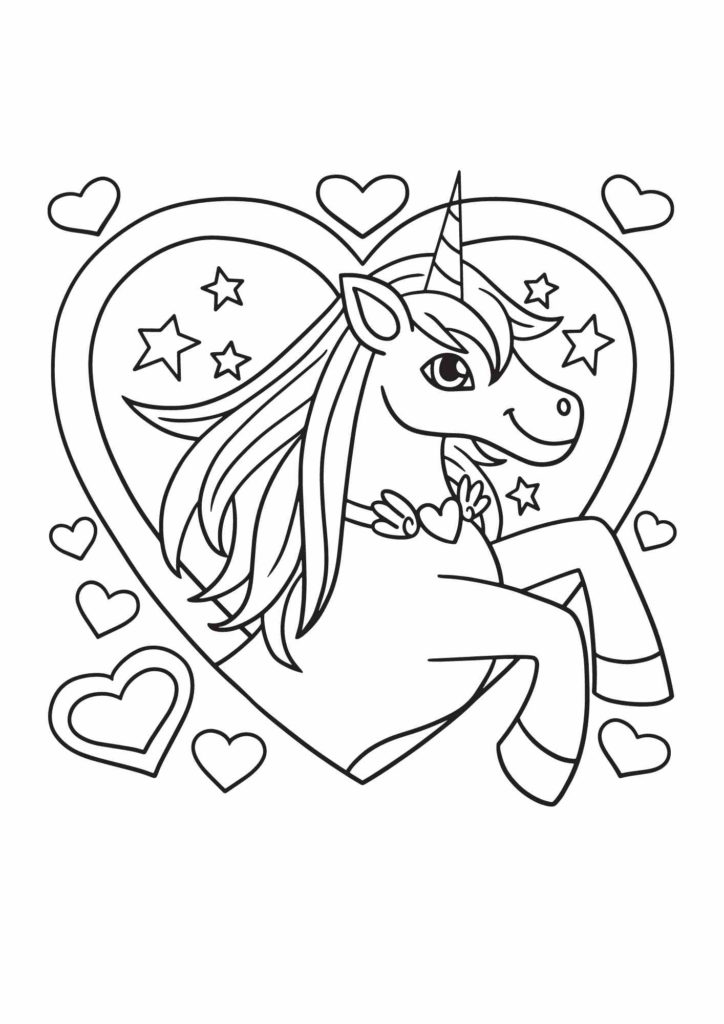 Cuore Unicorno da stampare bianco e nero A4